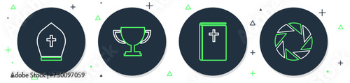 Set line Trophy cup, Holy bible book, Pope hat and Camera shutter icon. Vector
