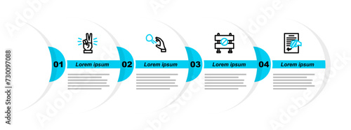 Set line Petition, Road barrier, Hooligan shooting stones and Hand showing two finger icon. Vector