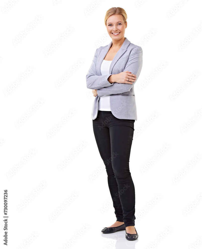 Business woman, white background and studio with smile, winning and hills with arms crossed. Professional female, formal and happy for startup, company and promotion while standing by portrait Business woman, white background and studio with smile, winning and hills with arms crossed. Professional female, formal and happy for startup, company and promotion while standing by portrait