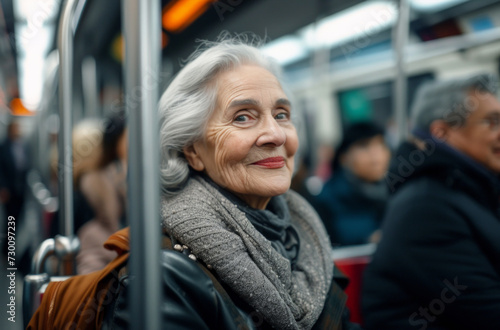Senior woman, person and morning bus ride to destination for public transport, holiday and vacation. Elderly female, pensioner and tourist in city transportation for travel and explore