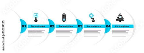 Set line Uneven road ahead sign, Road traffic, Traffic light and turn right icon. Vector