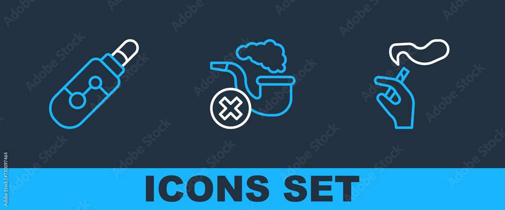 Set line Hand with smoking cigarette, Electronic and Smoking pipe smoke icon. Vector Set line Hand with smoking cigarette, Electronic and Smoking pipe smoke icon. Vector