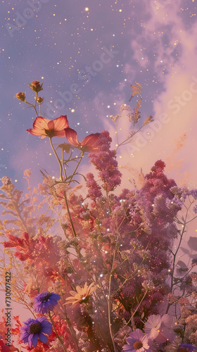 Bouquet of wild flowers infront of sky and stars art wallpaper. Light violet and light pink iridescence/opalescence colors. Retro summer aesthetic.