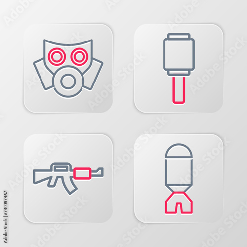 Set line Rocket launcher, M16A1 rifle, Anti-tank hand grenade and Gas mask icon. Vector photo