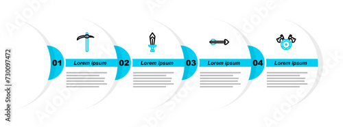 Set line Medieval shield with axe, Arrow, Sword for game and Pickaxe icon. Vector