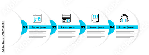 Set line Headphones, Books about programming, Debugging and Software icon. Vector
