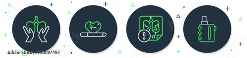 Set line Heart disease with smoking, Disease lungs, Lungs and Electronic cigarette icon. Vector