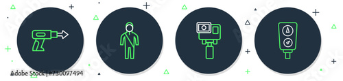 Set line Wetsuit for scuba diving, Action extreme camera, Fishing harpoon and Gauge scale icon. Vector
