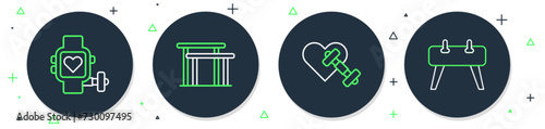Set line Uneven bars, Dumbbell with heart, Smart watch and Pommel horse icon. Vector