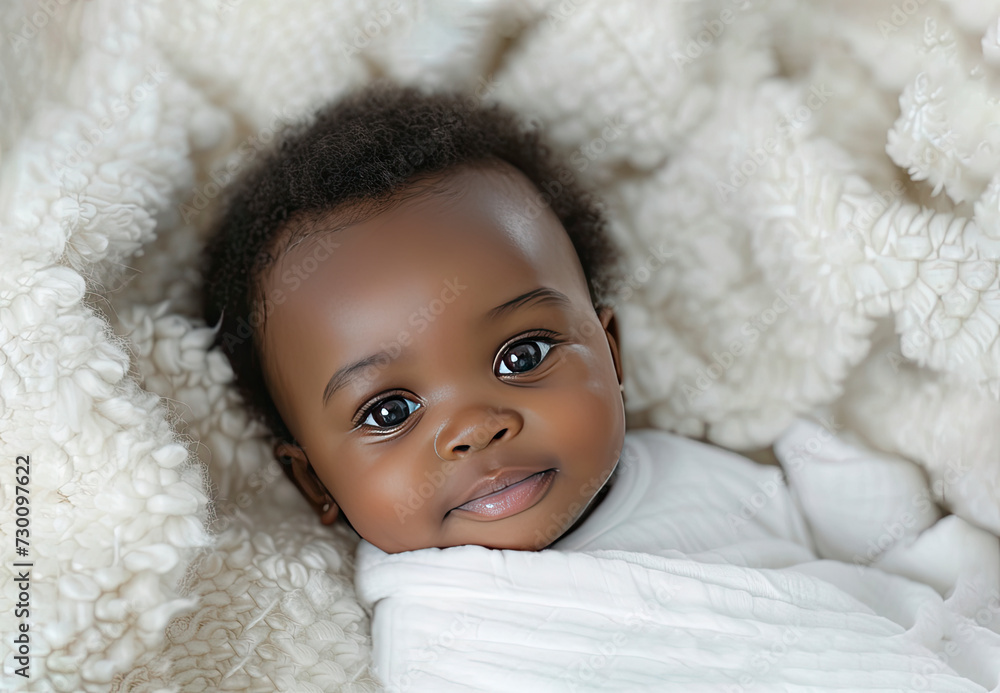 Happy black baby on a white blanket, closeup face