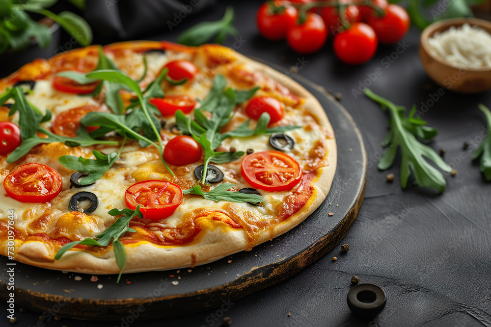 Frische vegetarische Pizza auf einem dunklen Tisch