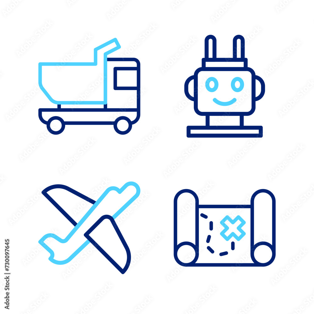 Obraz premium Set line Pirate treasure map, Toy plane, Robot toy and truck icon. Vector