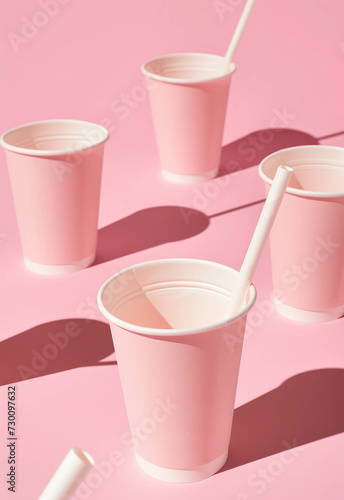 Several paper cups in a pink background with straws. Pop art inspired. Pink and white colors. Fashion minimal aesthetic.