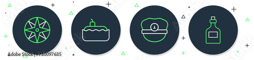 Set line Submarine, Captain hat, Wind rose and Rum bottle icon. Vector