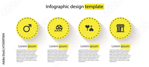 Set Male gender symbol, Film reel with Sex, and female heart and shop building. Business infographic template. Vector