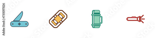 Set Swiss army knife, Rafting boat, Thermos container and Flashlight icon. Vector