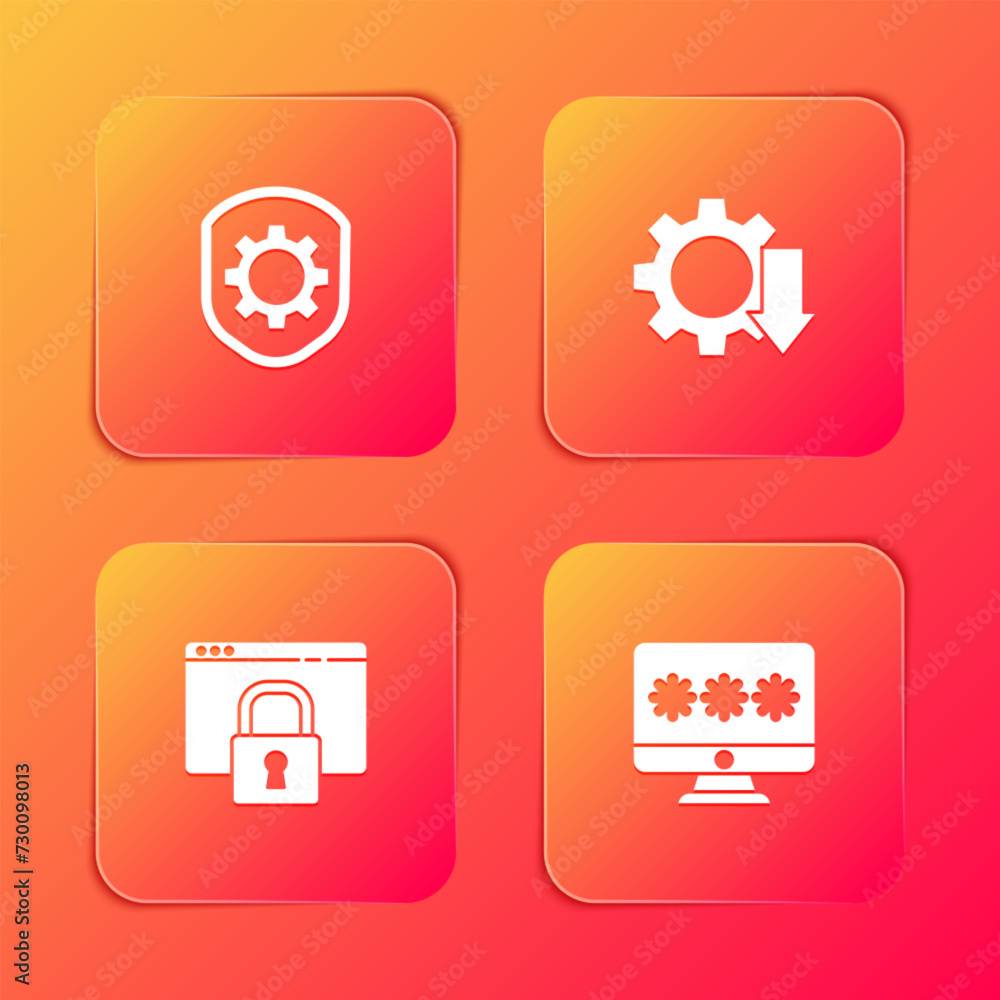 Set Shield with settings gear, Cost reduction, Secure your site HTTPS, SSL and Monitor password icon. Vector Set Shield with settings gear, Cost reduction, Secure your site HTTPS, SSL and Monitor password icon. Vector