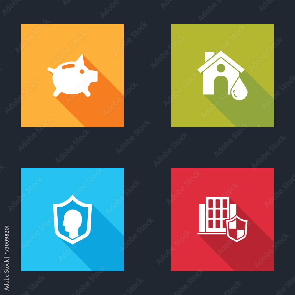 Set Piggy bank, House flood, Life insurance with shield and icon. Vector Set Piggy bank, House flood, Life insurance with shield and icon. Vector