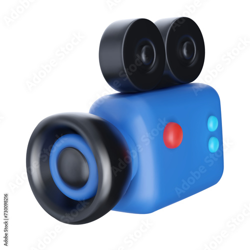 Blue video camera in bright cartoon 3d style. Cute modern minimal vector illustration.