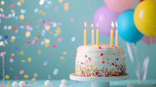 A festive delicious birthday cake with candles  balloons and confetti