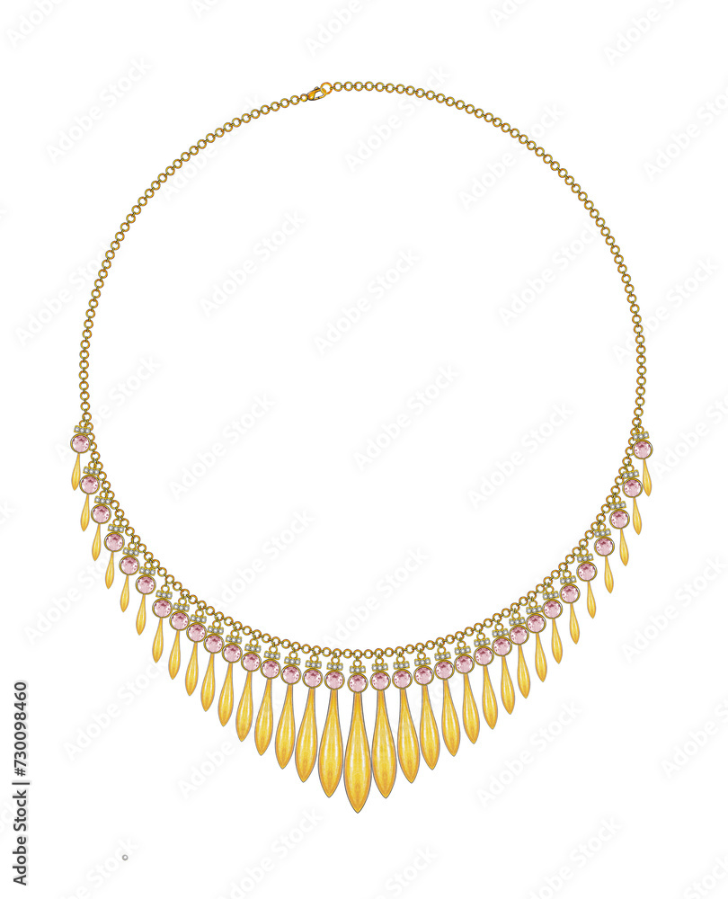 Necklace jewelry design modern art set with pink sapphire and gold sketch by hand drawing on paper. Necklace jewelry design modern art set with pink sapphire and gold sketch by hand drawing on paper.