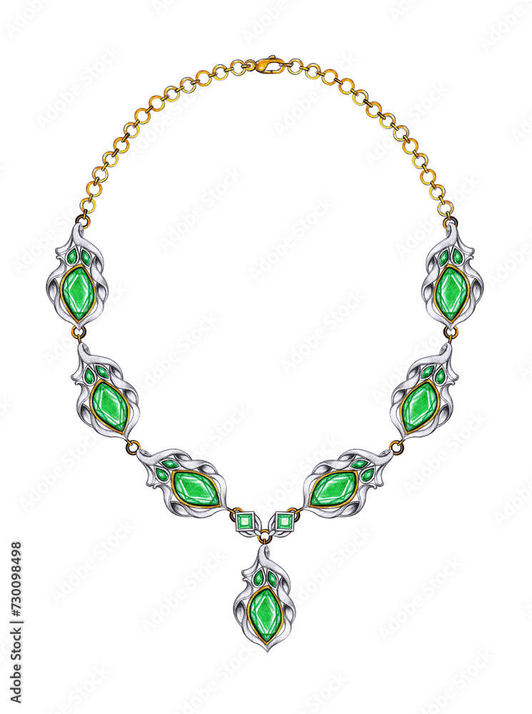 Necklace jewelry design modern art set witn green sapphire design by hand drawing on paper.