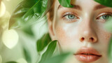 A beautiful close-up portrait of a woman face and sweet green nature leaves