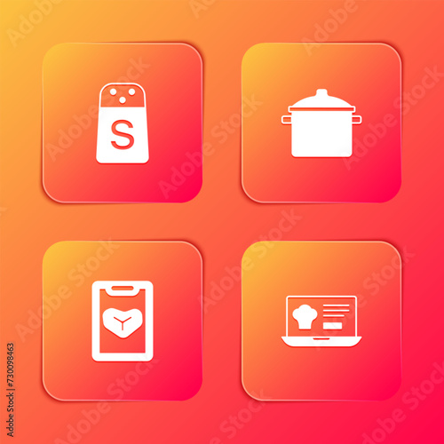 Set Salt, Cooking pot, Restaurant cafe menu and Online ordering and delivery icon. Vector