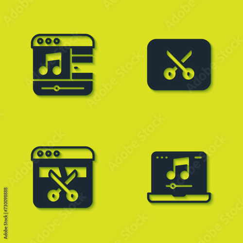 Set Music player, Laptop with music, Video recorder or editor and video editing icon. Vector