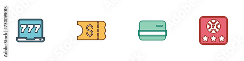 Set Laptop and slot machine, Lottery ticket, Credit card and Online poker table game icon. Vector
