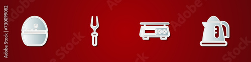 Set Kitchen timer, Barbecue fork, Electronic scales and Electric kettle icon. Vector