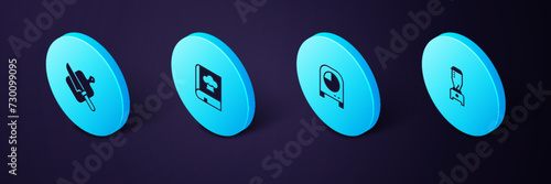 Set Isometric Blender, Kitchen timer, Cookbook and Cutting board and knife icon. Vector