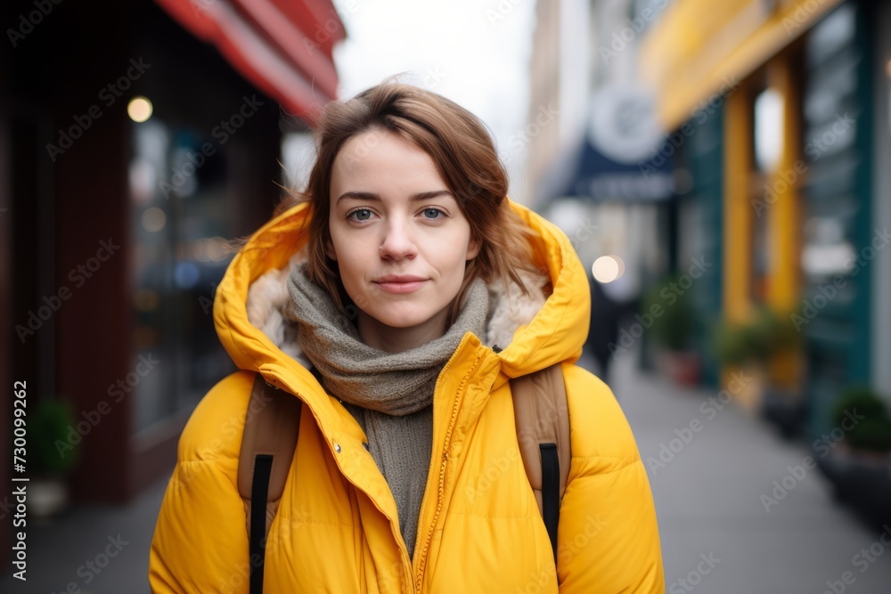 Portrait of a beautiful young woman in a yellow jacket on the street