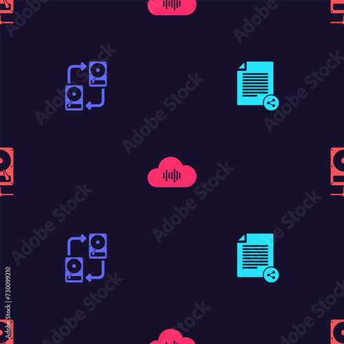 Set Share file, Data exchange with hhd, Music streaming service and Hard disk drive on sharing network on seamless pattern. Vector