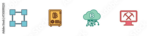 Set Blockchain technology, Proof of stake, Cryptocurrency cloud mining and Mining with monitor and pickaxe icon. Vector