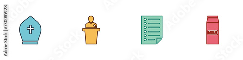 Set Pope hat, Speaker, Document and Paper package for milk icon. Vector