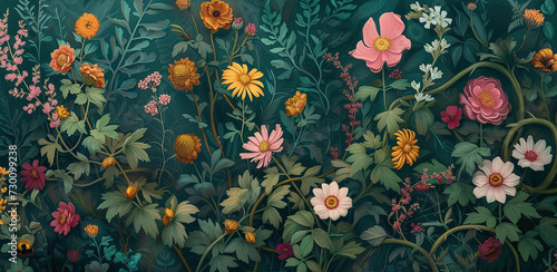 Graphic wildflowers are drawn on a dark background. Floral background.