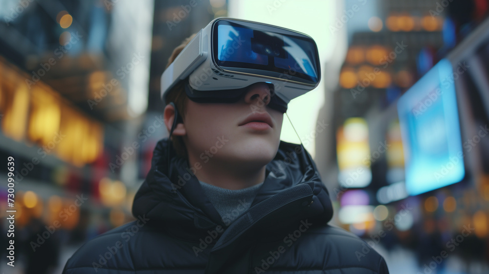 A man is immersed in virtual reality with the help of futuristic VR goggles while walking down the streets in the city A man is immersed in virtual reality with the help of futuristic VR goggles while walking down the streets in the city