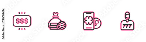 Set line Money prize in casino, Online poker table game, bag and Lucky player icon. Vector