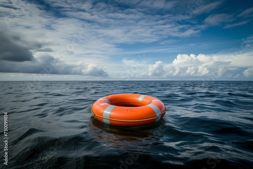 An orange lifebuoy floats on the open sea, symbolizing safety and hope under the vast sky