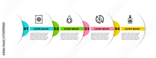Set line Radioactive waste in barrel, Recycle clean aqua, and Tag with recycle. Business infographic template. Vector