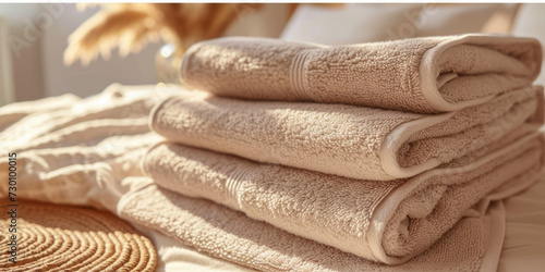 beige towel stack at the edge of a bed,modern bedroom
 photo