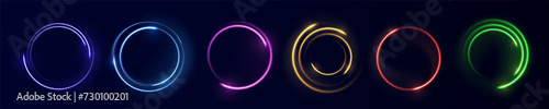 Neon circle frame on blue background. Glowing neon circle frame. Set of neon glowing circles. Glowing rings on dark background. Vector illustration	