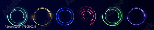 Neon circle frame on blue background. Glowing neon circle frame. Set of neon glowing circles. Glowing rings on dark background. Vector illustration 