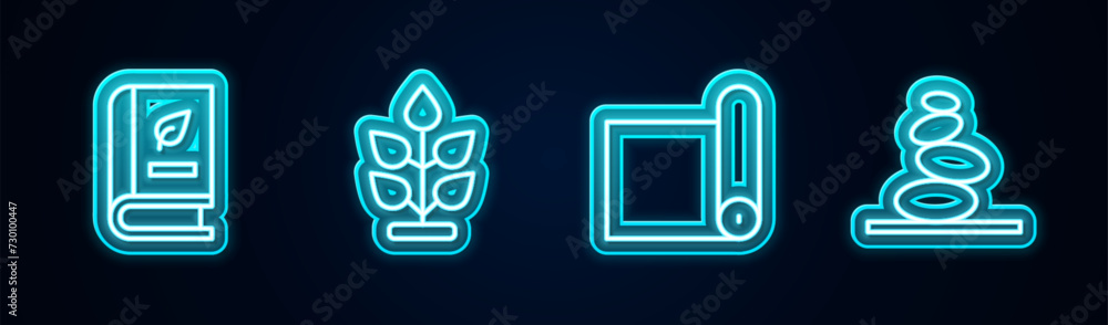 Set line Medical book, Plant, Fitness mat roll and Stack hot stones. Glowing neon icon. Vector