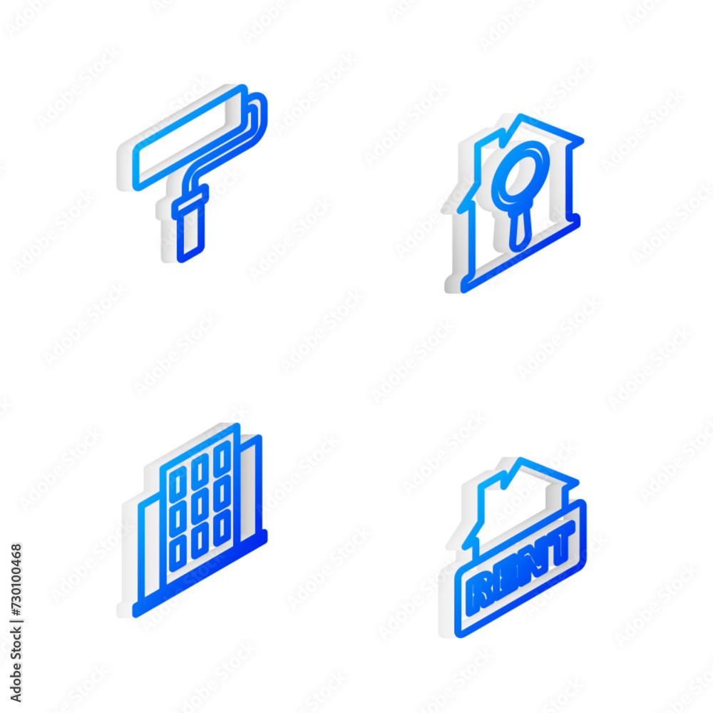 Set Isometric line Search house, Paint roller brush, House and Hanging sign with Rent icon. Vector