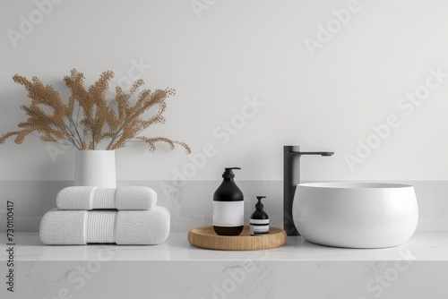 Spa and wellness products on a white shelf. Bathroom interior 
