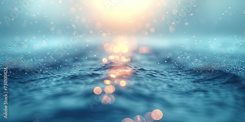 a close up of blue water and sun with bokeh light on blur background photo