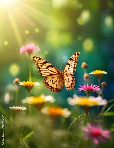 Sunny summer nature background with flying butterflies and wild flowers on forest glade grass with sunlight and bokeh. Generative AI 