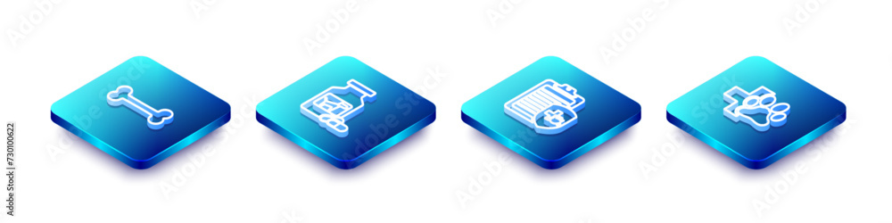 Set Isometric line Dog bone, medicine bottle and pills, Clinical record pet and Veterinary clinic icon. Vector Set Isometric line Dog bone, medicine bottle and pills, Clinical record pet and Veterinary clinic icon. Vector